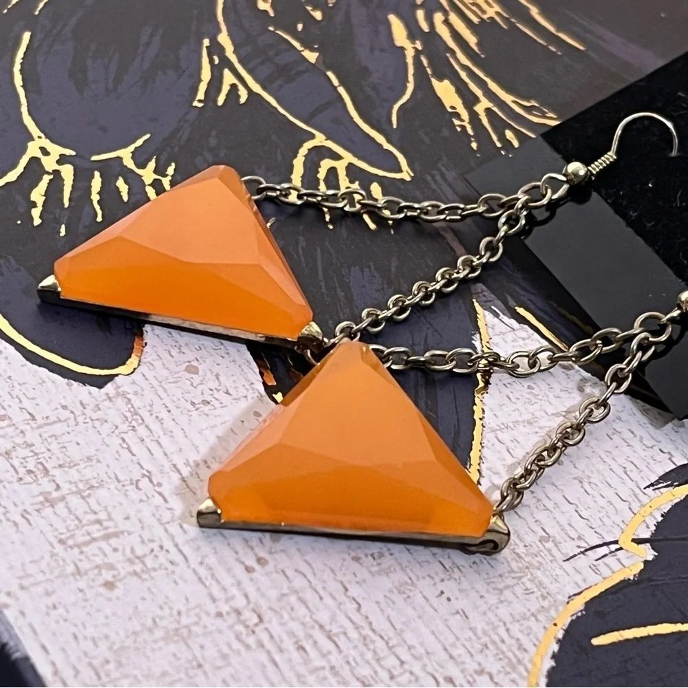 Estate 2010s Large Gold Tone and Orange Triangle Acrylic Dangle Earrings